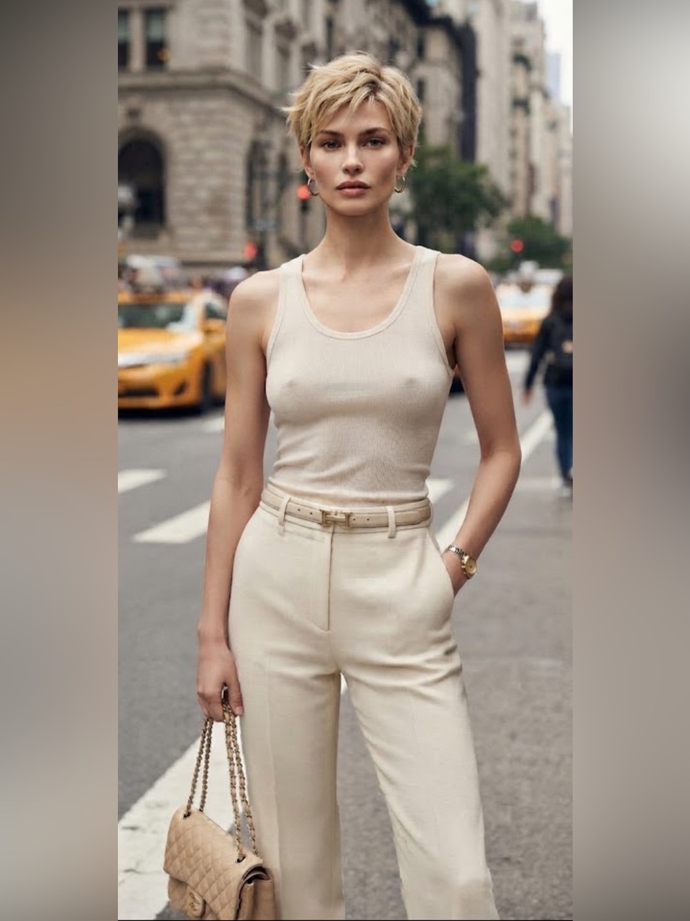 Philippe Adec Silk Cream Ribbed Scoop Neck Tank